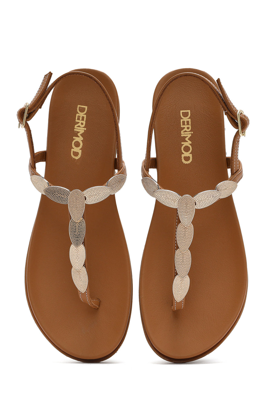 Women's Tan Buckle Thong Leather Sandals