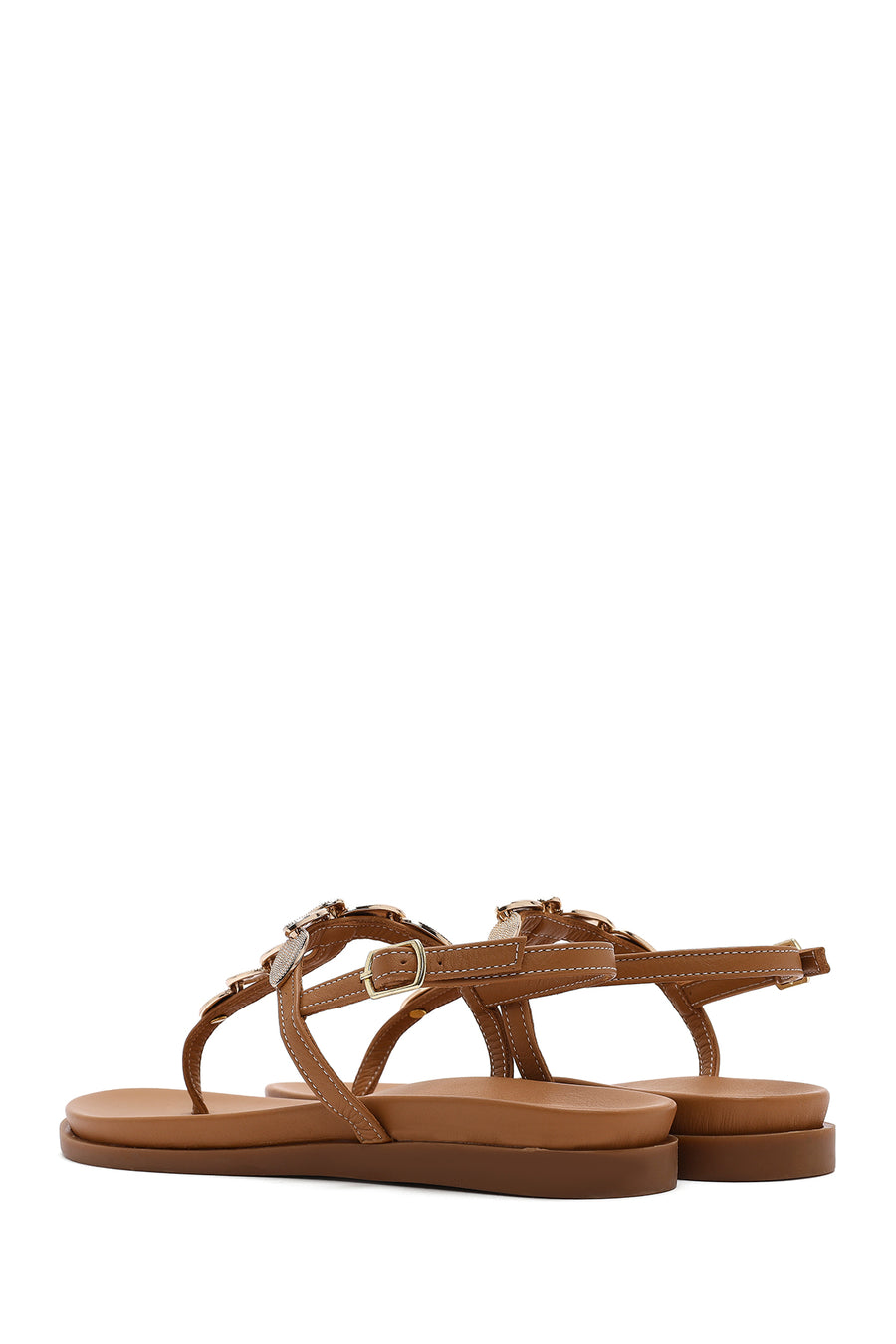 Women's Tan Buckle Thong Leather Sandals
