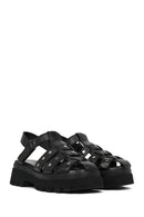 Woman Black Strappy Thick-Soled Leather Sandals | Derimod