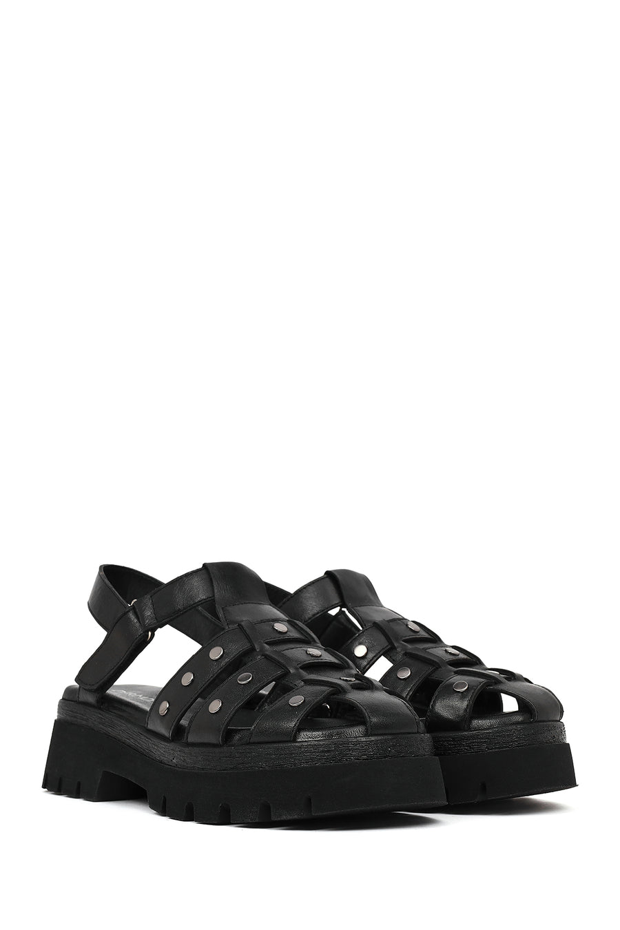 Woman Black Strappy Thick-Soled Leather Sandals
