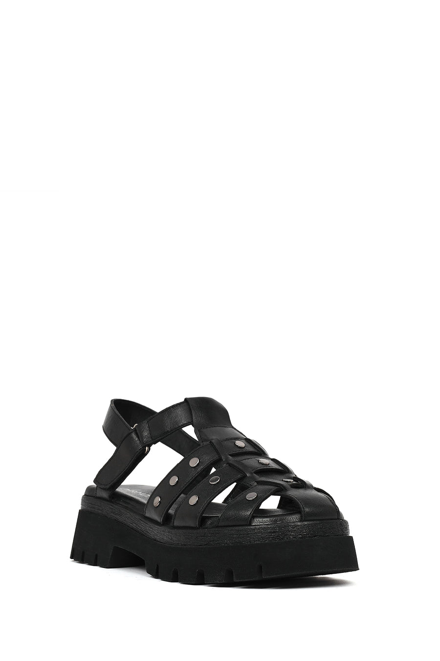 Woman Black Strappy Thick-Soled Leather Sandals