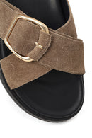 Woman Beige Suede Leather Slippers | Derimod