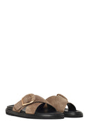 Woman Beige Suede Leather Slippers | Derimod