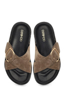 Woman Beige Suede Leather Slippers | Derimod