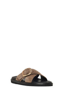 Woman Beige Suede Leather Slippers | Derimod