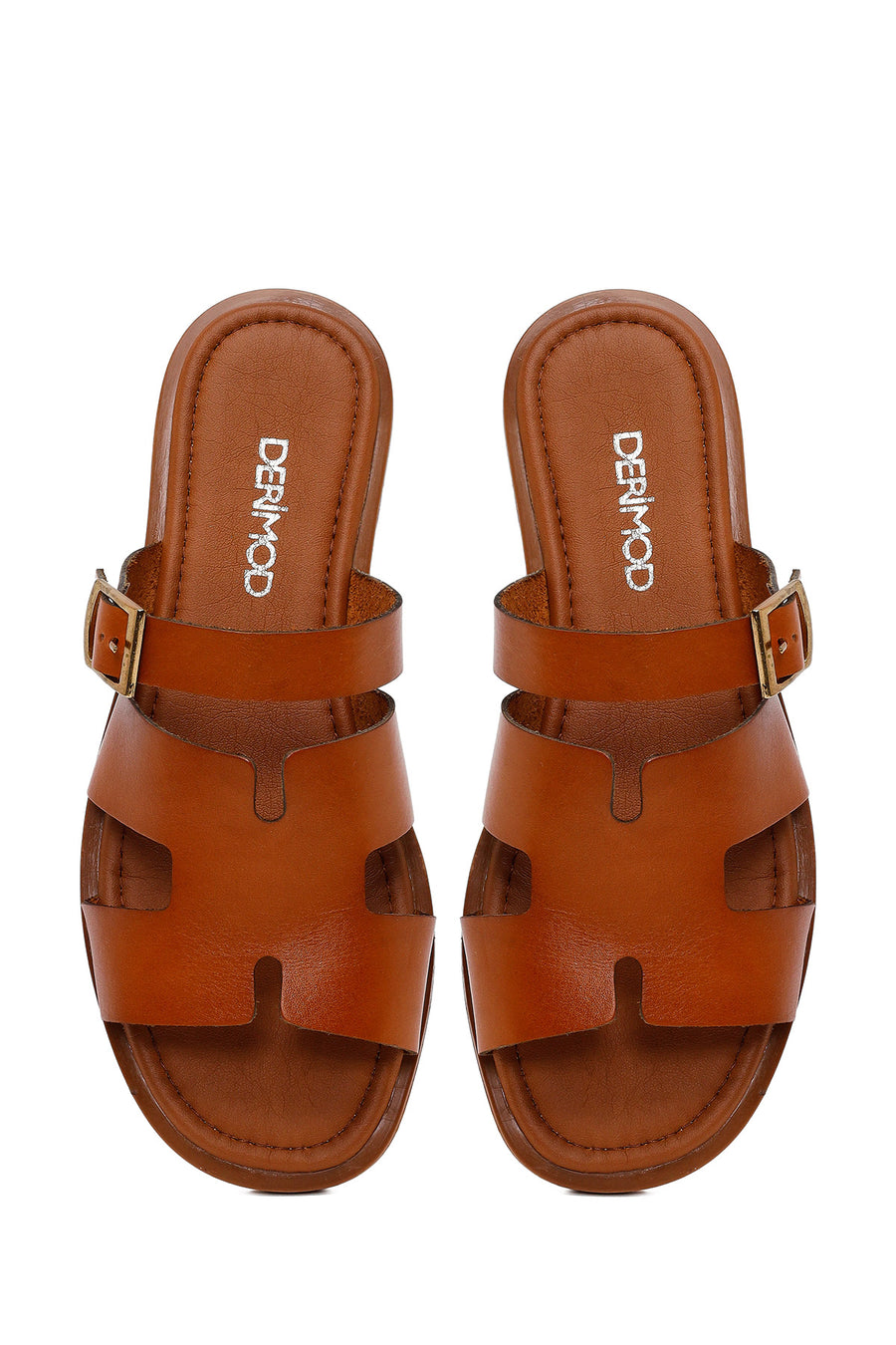Women's Tan Buckle Leather Slippers