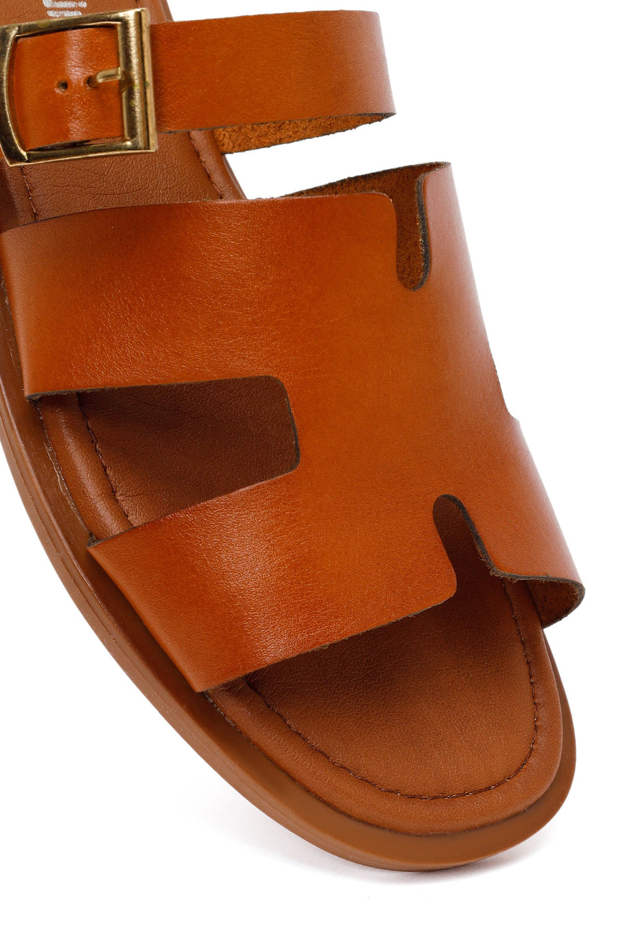 Women's Tan Buckle Leather Slippers