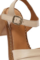 Women's Beige Ankle Buckle Chunky Heel Leather Sandals | Derimod