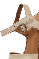 Women's Beige Ankle Buckle Chunky Heel Leather Sandals | Derimod