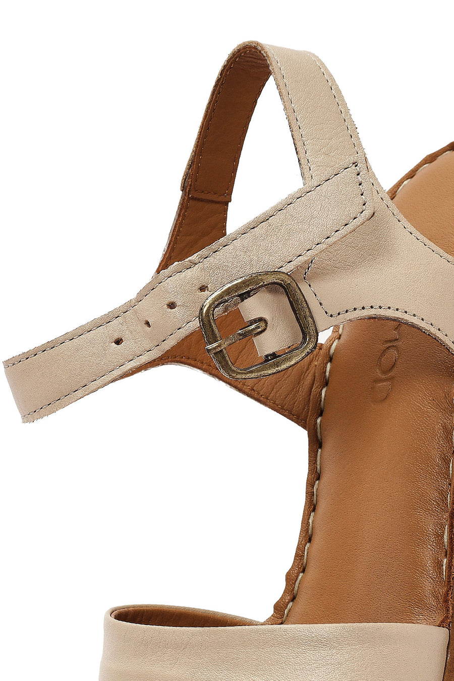 Women's Beige Ankle Buckle Chunky Heel Leather Sandals