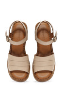 Women's Beige Ankle Buckle Chunky Heel Leather Sandals | Derimod