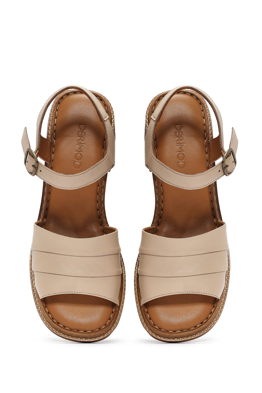 Women's Beige Ankle Buckle Chunky Heel Leather Sandals