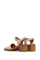 Women's Beige Ankle Buckle Chunky Heel Leather Sandals | Derimod