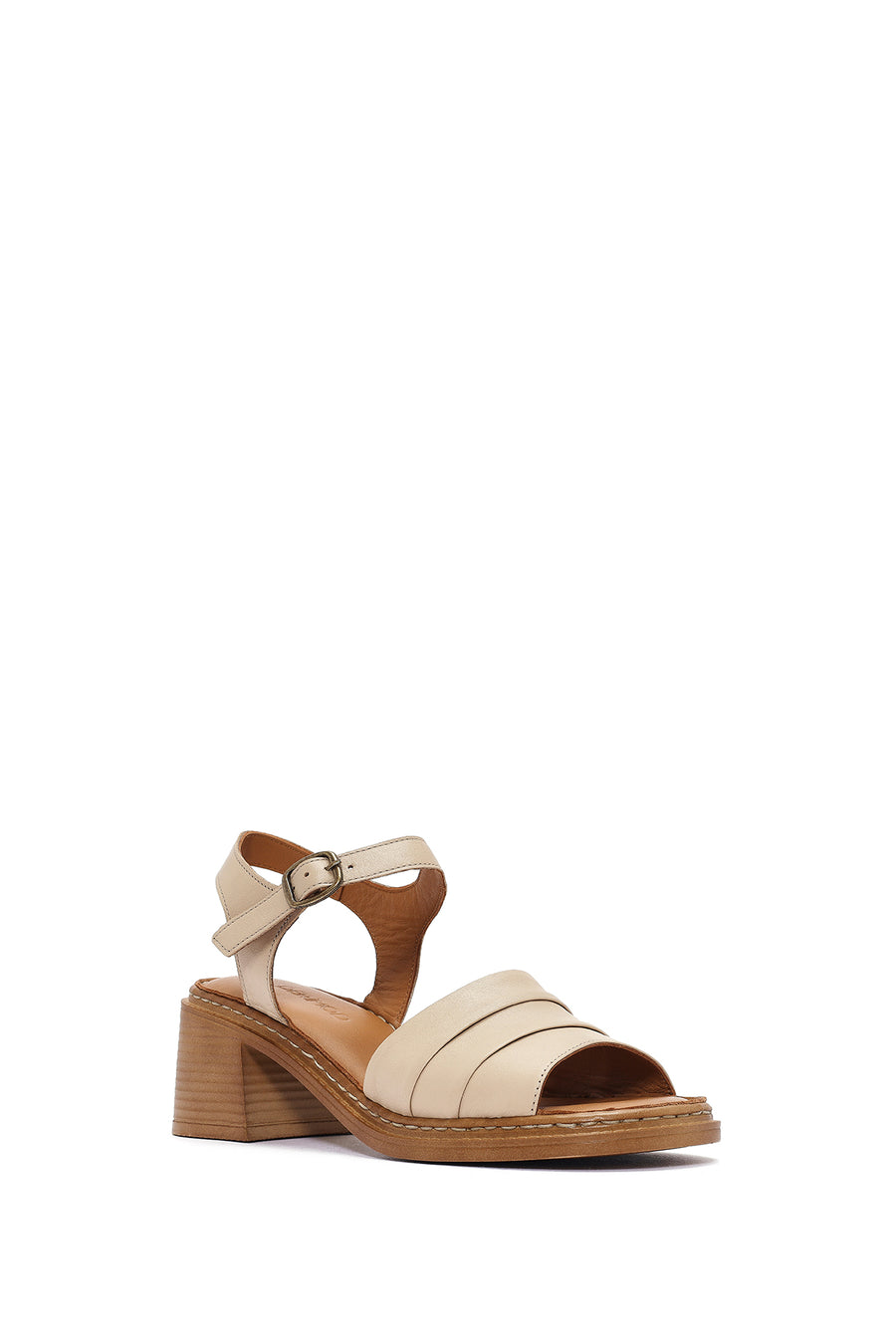 Women's Beige Ankle Buckle Chunky Heel Leather Sandals