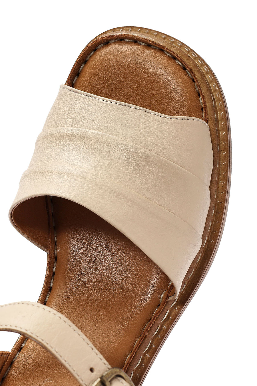 Women's Beige Ankle Buckle Chunky Heel Leather Sandals