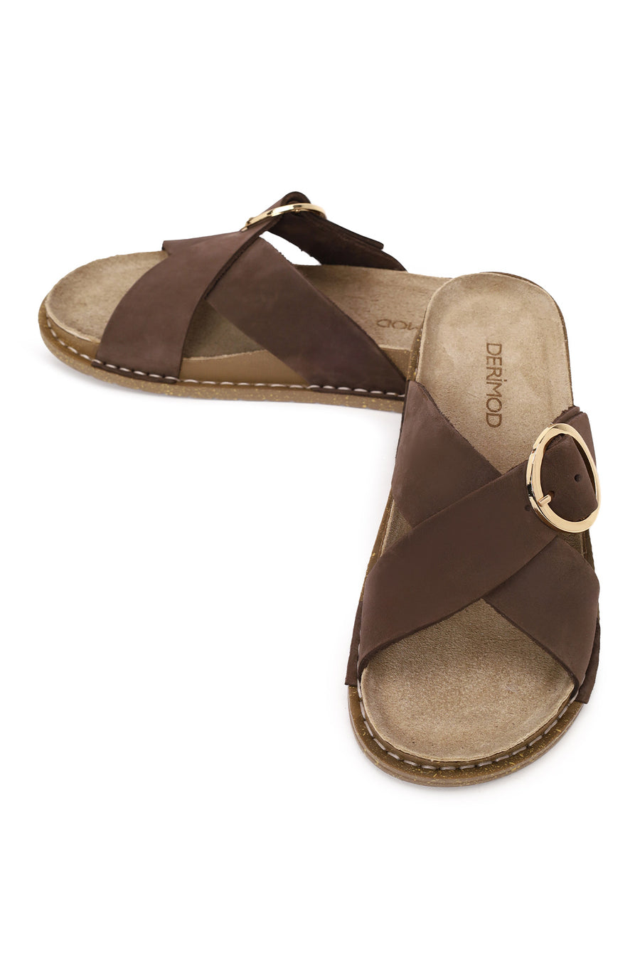 Woman Brown Buckled Suede Slipper