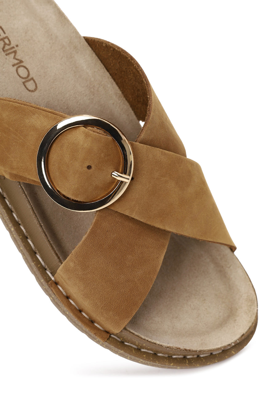 Woman Tan Buckled Suede Slipper