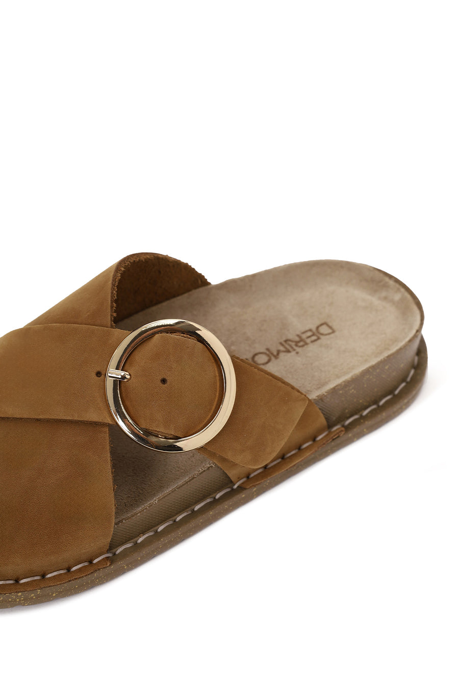 Woman Tan Buckled Suede Slipper
