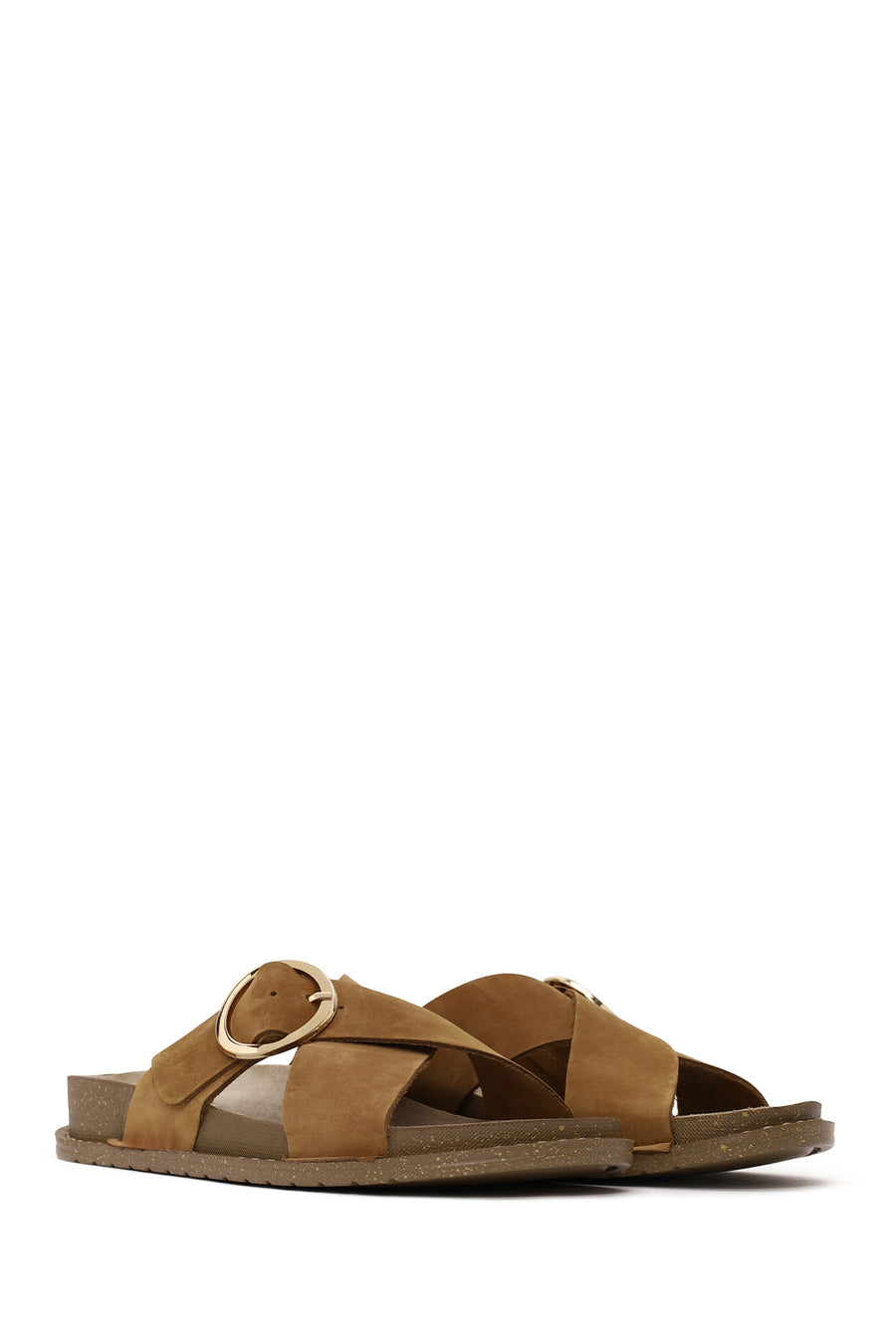 Woman Tan Buckled Suede Slipper