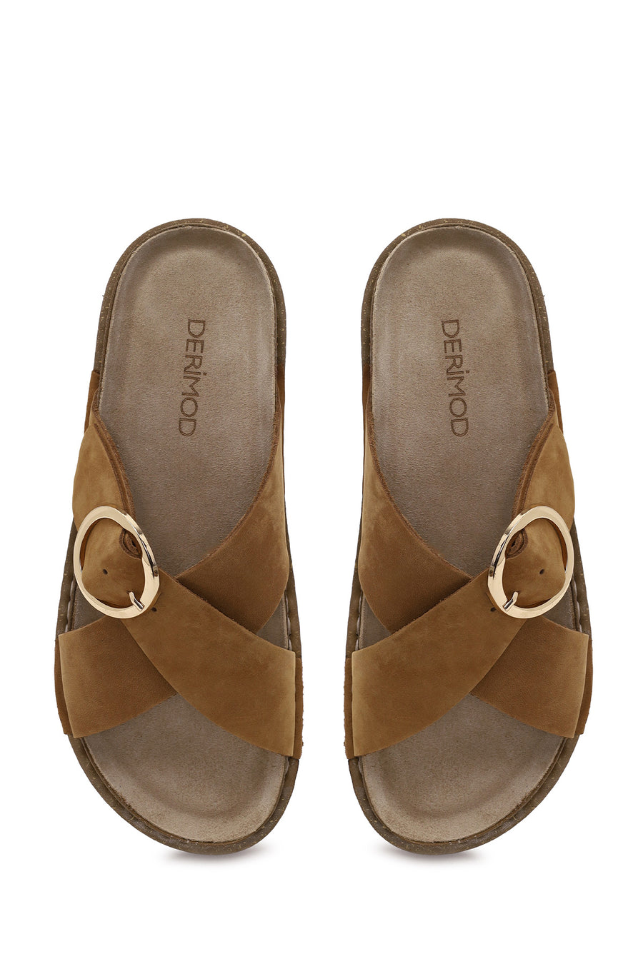 Woman Tan Buckled Suede Slipper