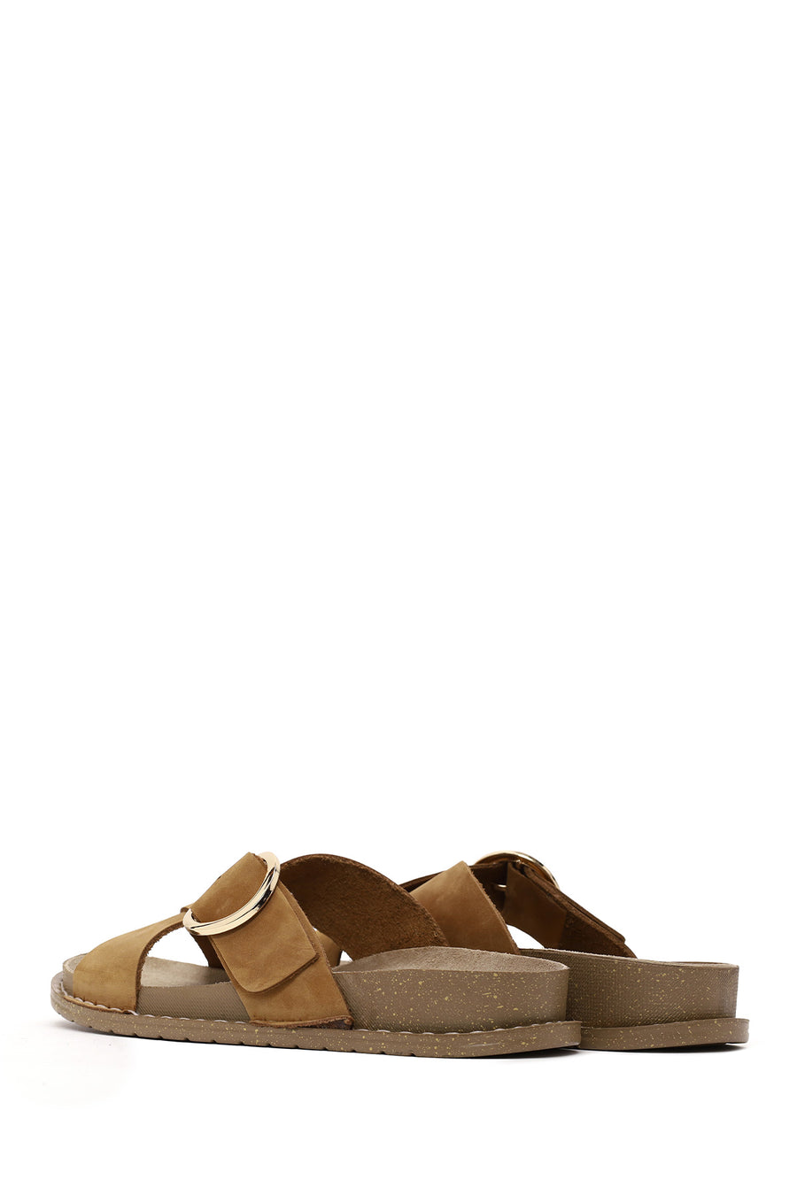 Woman Tan Buckled Suede Slipper