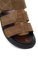 Men's Beige Strapped Nubuck Leather Sandals | Derimod