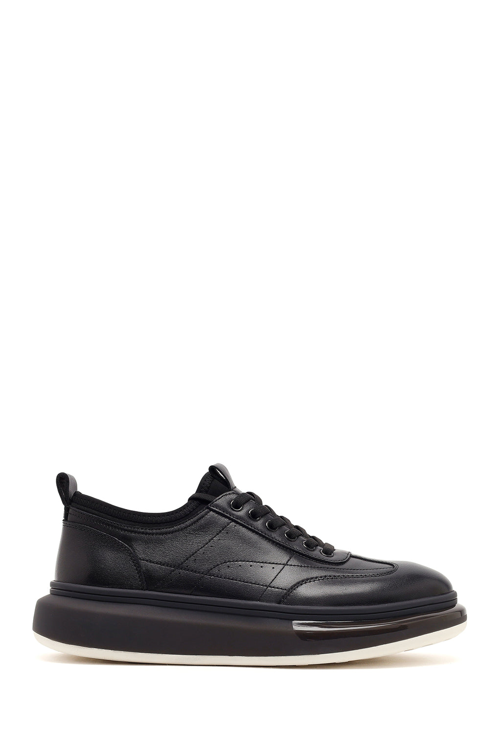 Erkek Siyah Bağcıklı Kalın Tabanlı Deri Sneaker