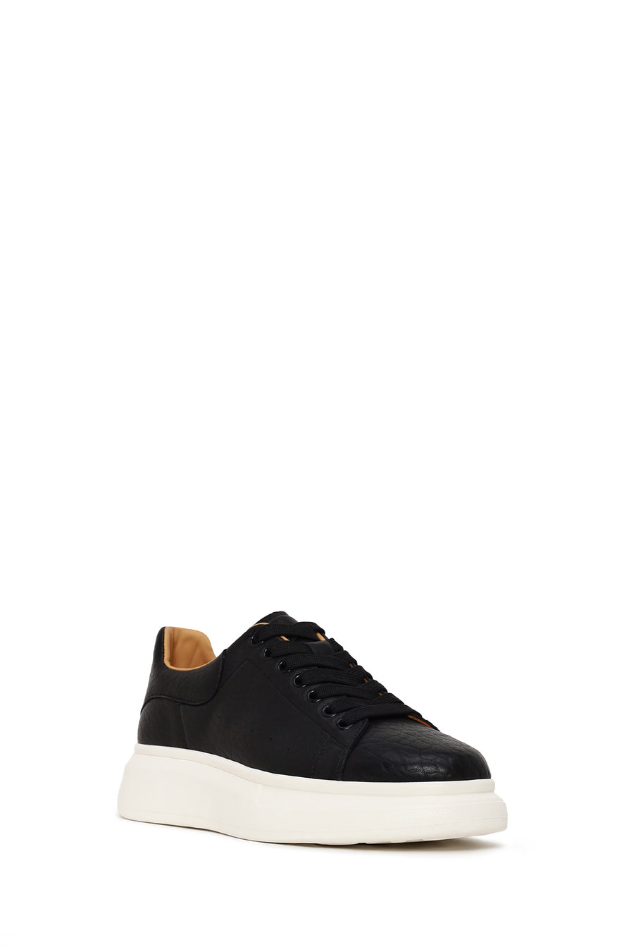 Male Black Lace-Up Thick-Soled Patterned Leather Sneakers