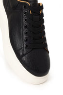 Male Black Lace-Up Thick-Soled Patterned Leather Sneakers | Derimod