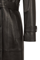 Evita Woman Black Leather Trench Coat with Belt Detail | Derimod