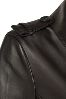 Evita Woman Black Leather Trench Coat with Belt Detail | Derimod