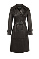 Evita Woman Black Leather Trench Coat with Belt Detail | Derimod