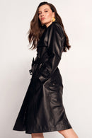 Evita Woman Black Leather Trench Coat with Belt Detail | Derimod