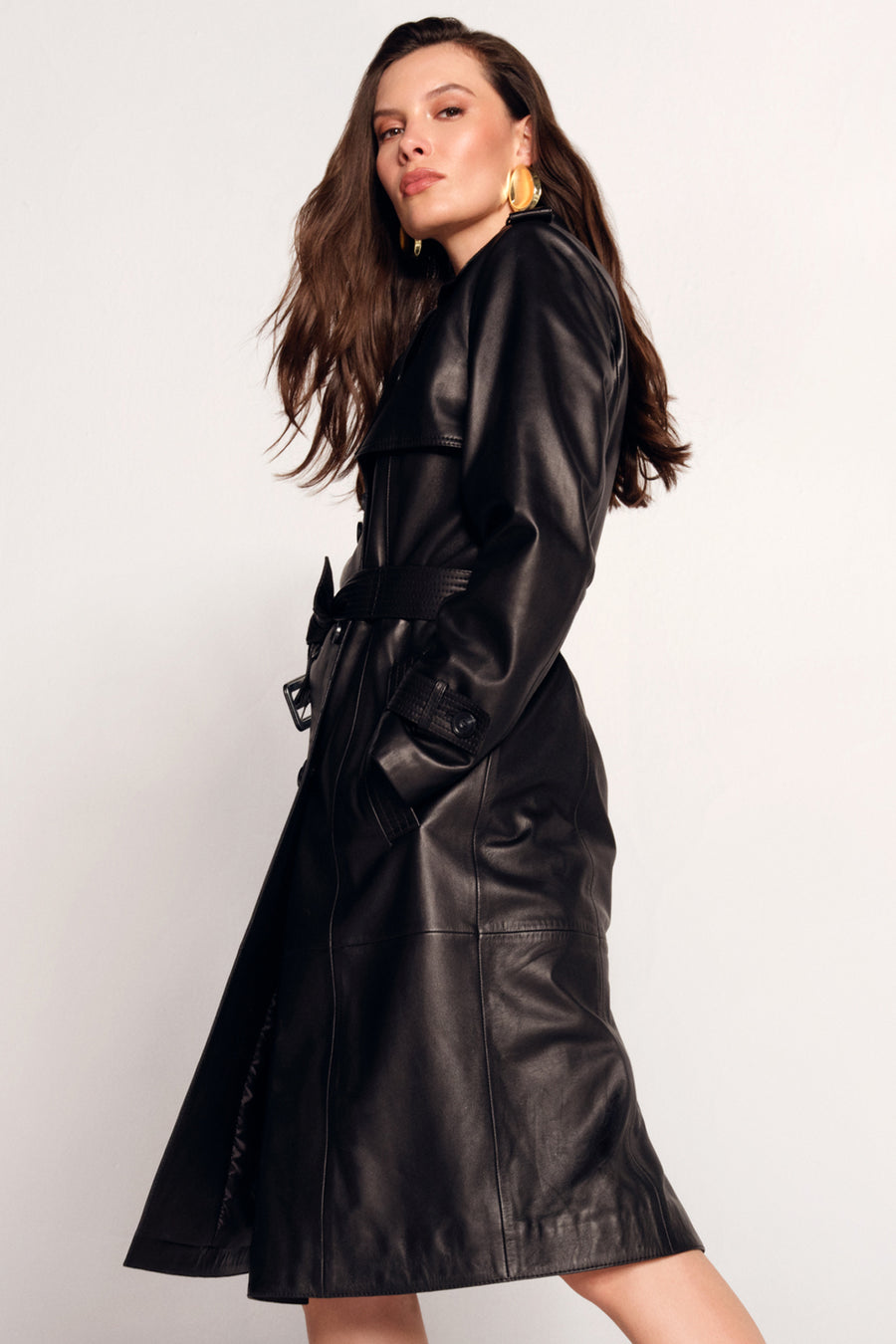 Evita Woman Black Leather Trench Coat with Belt Detail
