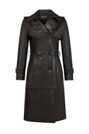 Evita Woman Black Leather Trench Coat with Belt Detail | Derimod