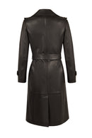 Evita Woman Black Leather Trench Coat with Belt Detail | Derimod