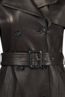 Evita Woman Black Leather Trench Coat with Belt Detail | Derimod