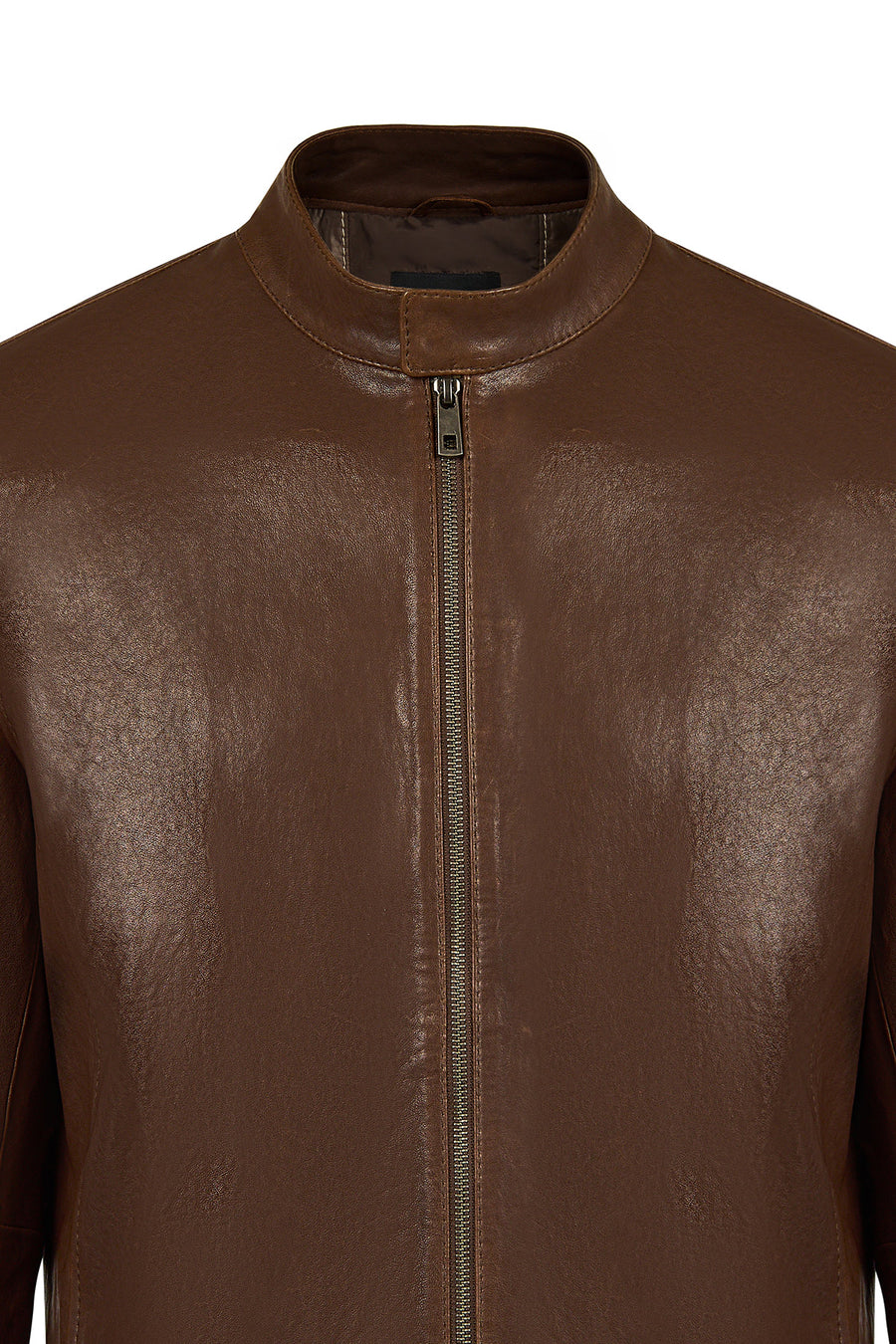 Mane Male Brown Mandarin Collar Leather Jacket