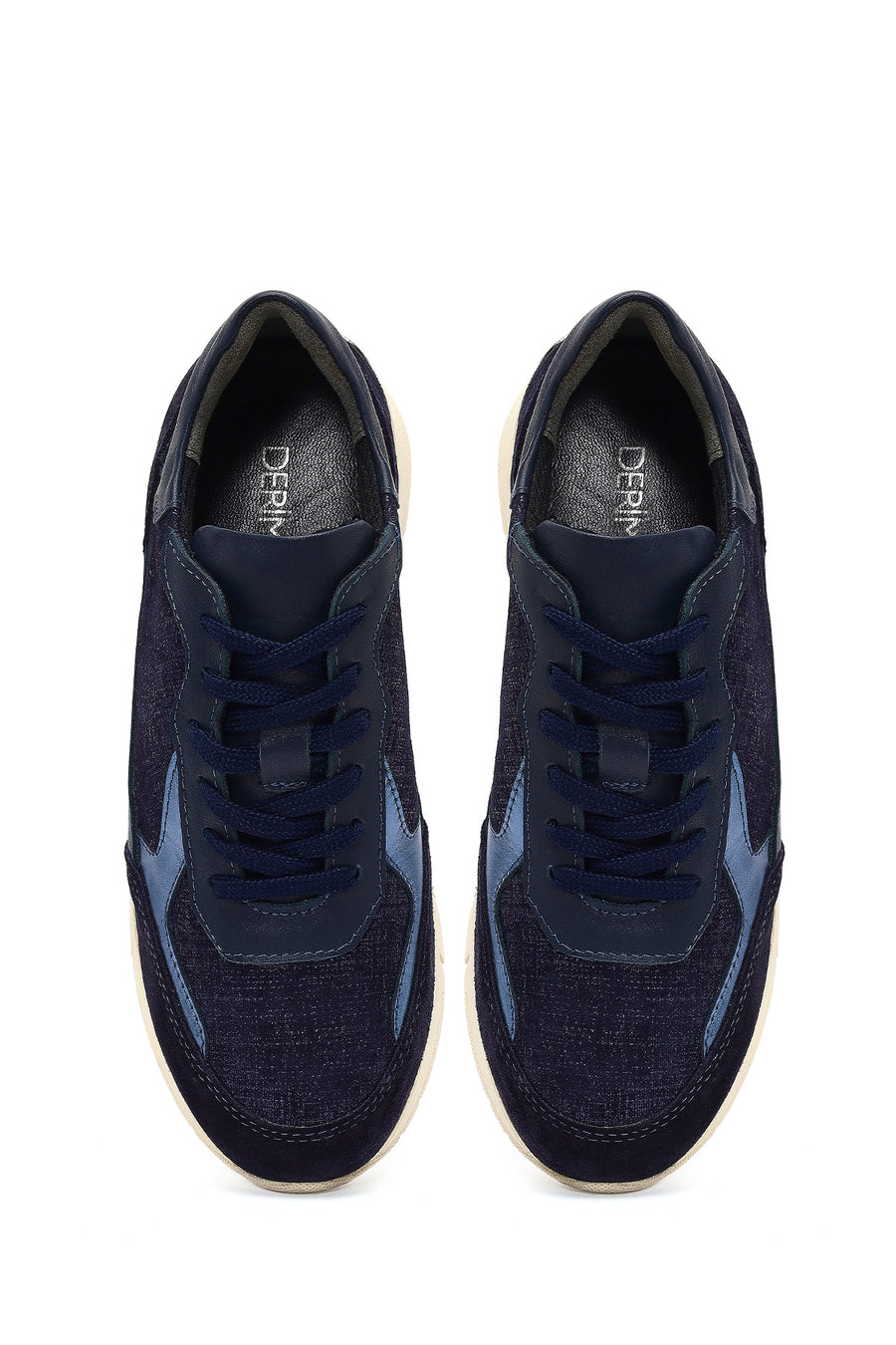 Women's Navy Blue Lace-Up Thick-Soled Leather Sneaker