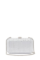 Woman Silver Long Chain Strap Stone-Embellished Mini Box Evening Bag | Derimod