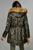 Havana Women's Khaki Leather Coat with Fur Collar | Derimod