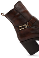 Women's Brown Buckle Chunky Heel Leather Boots | Derimod
