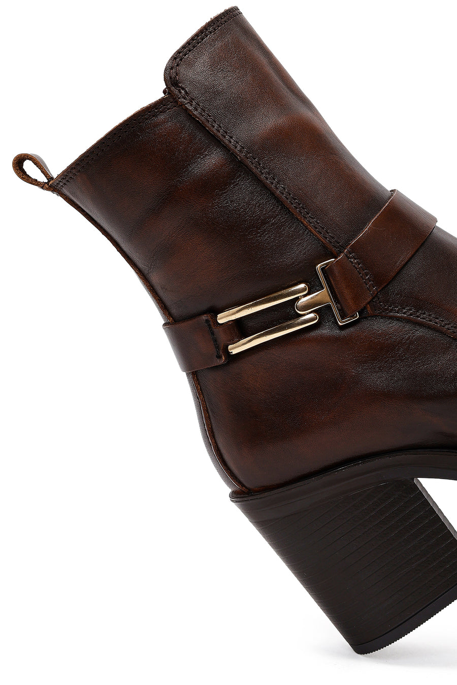 Women's Brown Buckle Chunky Heel Leather Boots