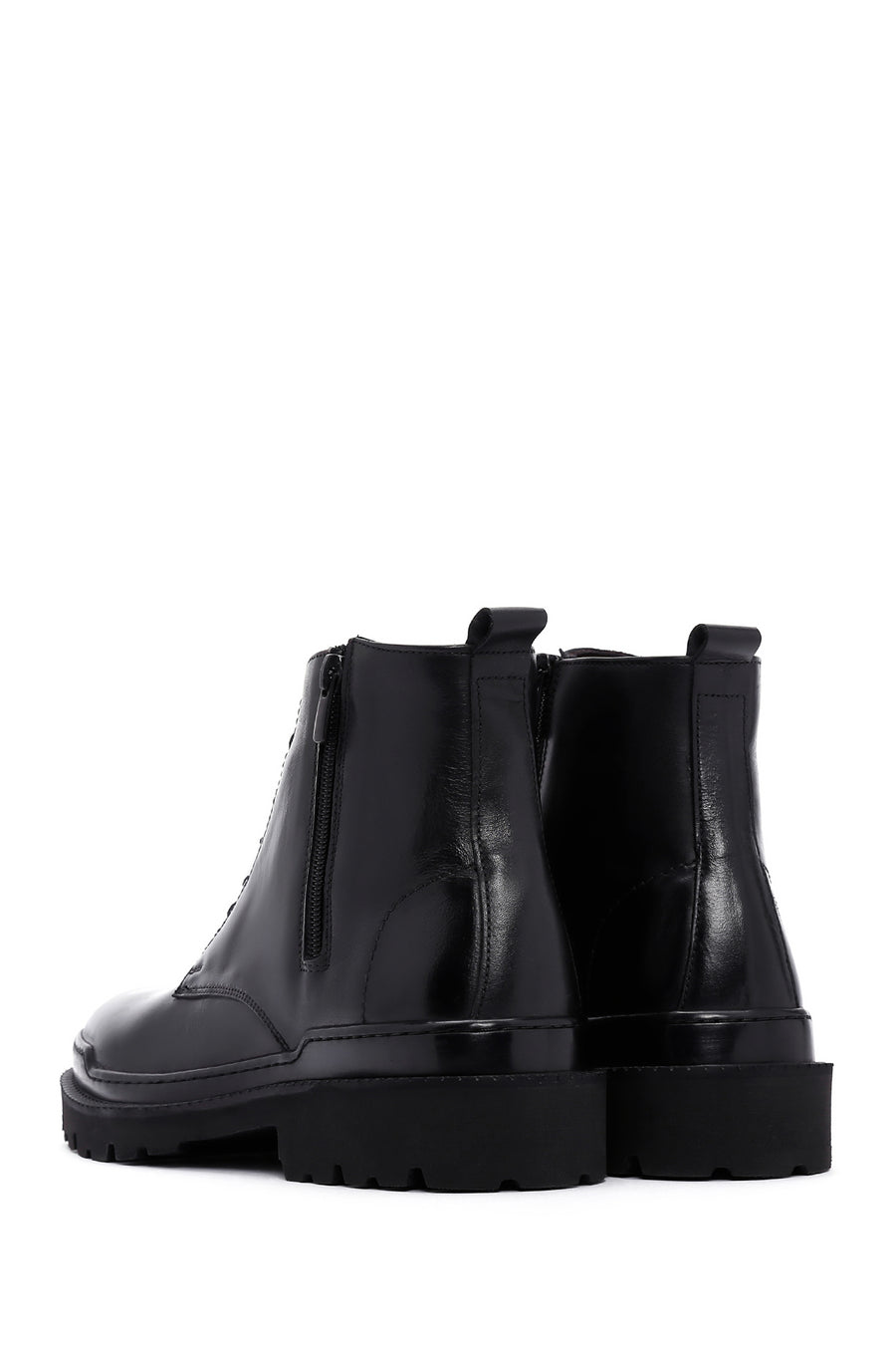 Men's Black Lace-Up Leather Zippered Casual Boots