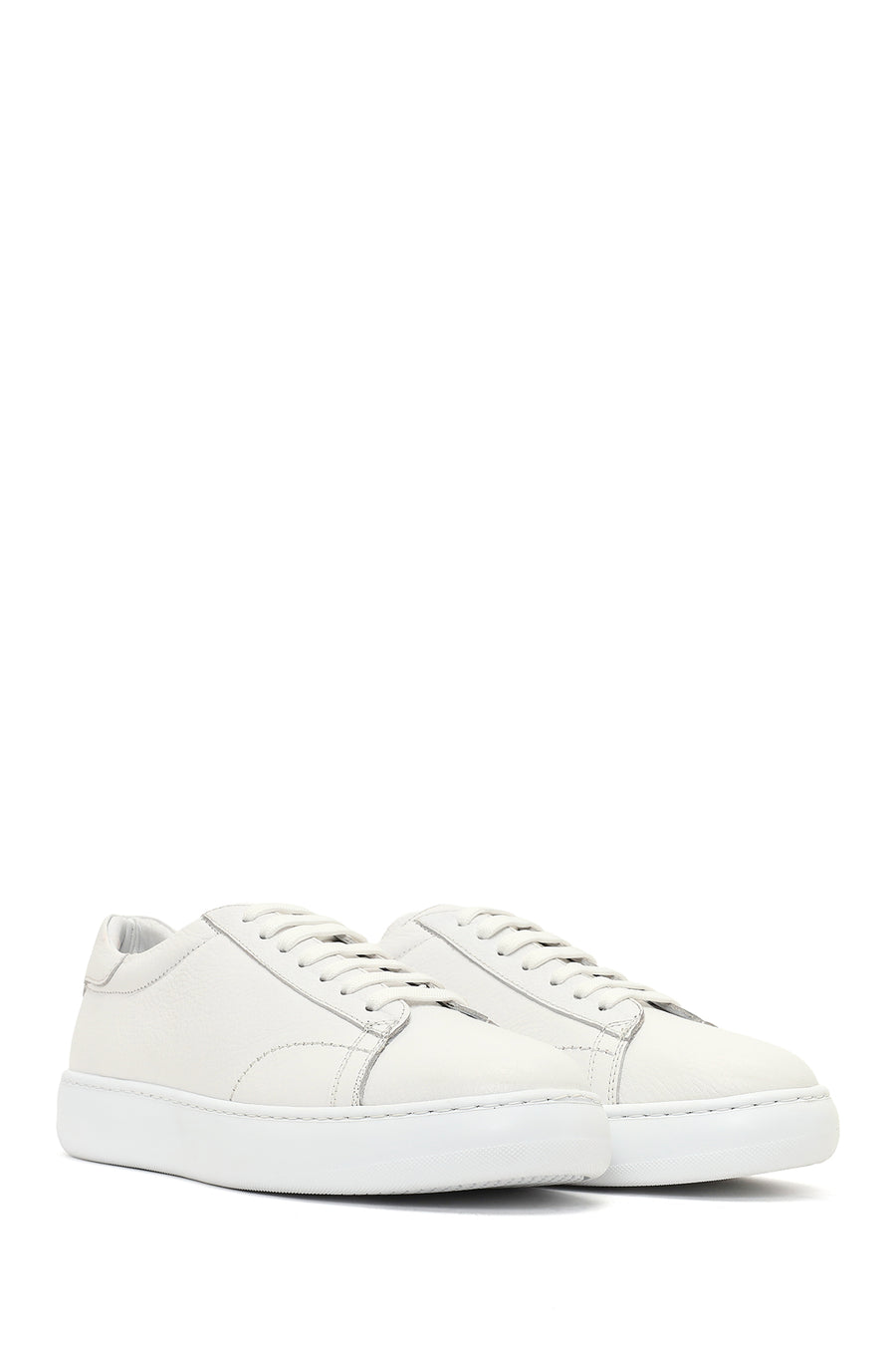 Erkek Beyaz Bağcıklı Kalın Tabanlı Deri Sneaker