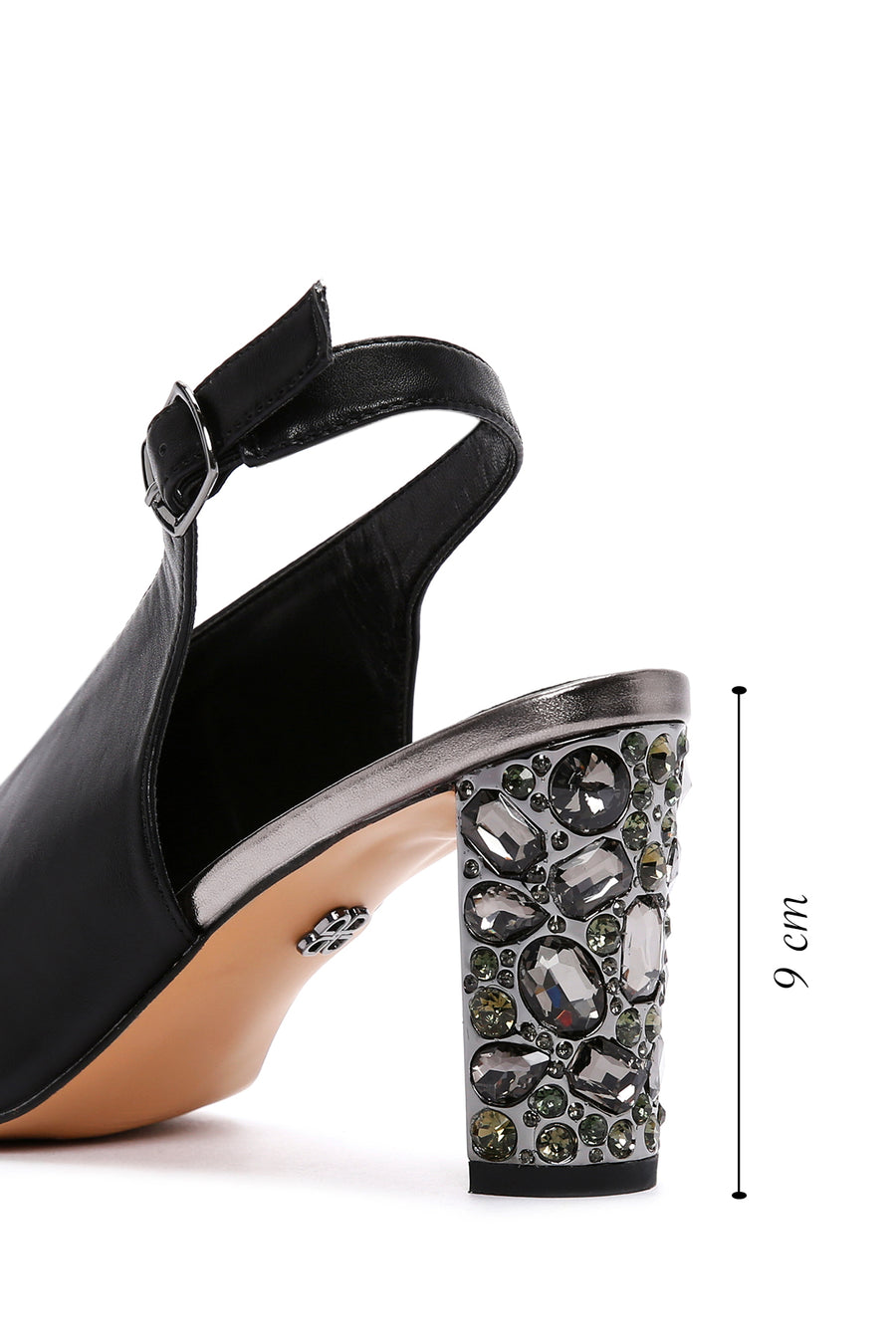Women's Black Back Strap Stoned Thick Heel Sandals