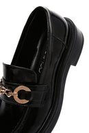 Women's Black Chain Detailed Leather Masculine Loafer | Derimod