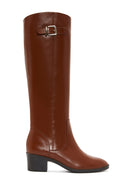 Women's Beige Leather Zippered Heeled Boots | Derimod
