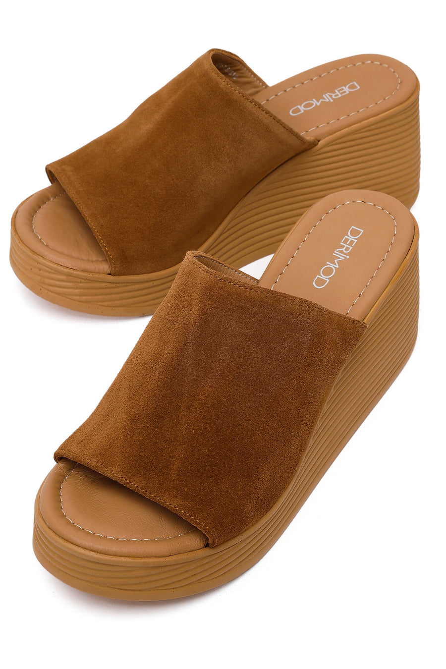 Woman Tan Wedge-Heel Suede Leather Slippers