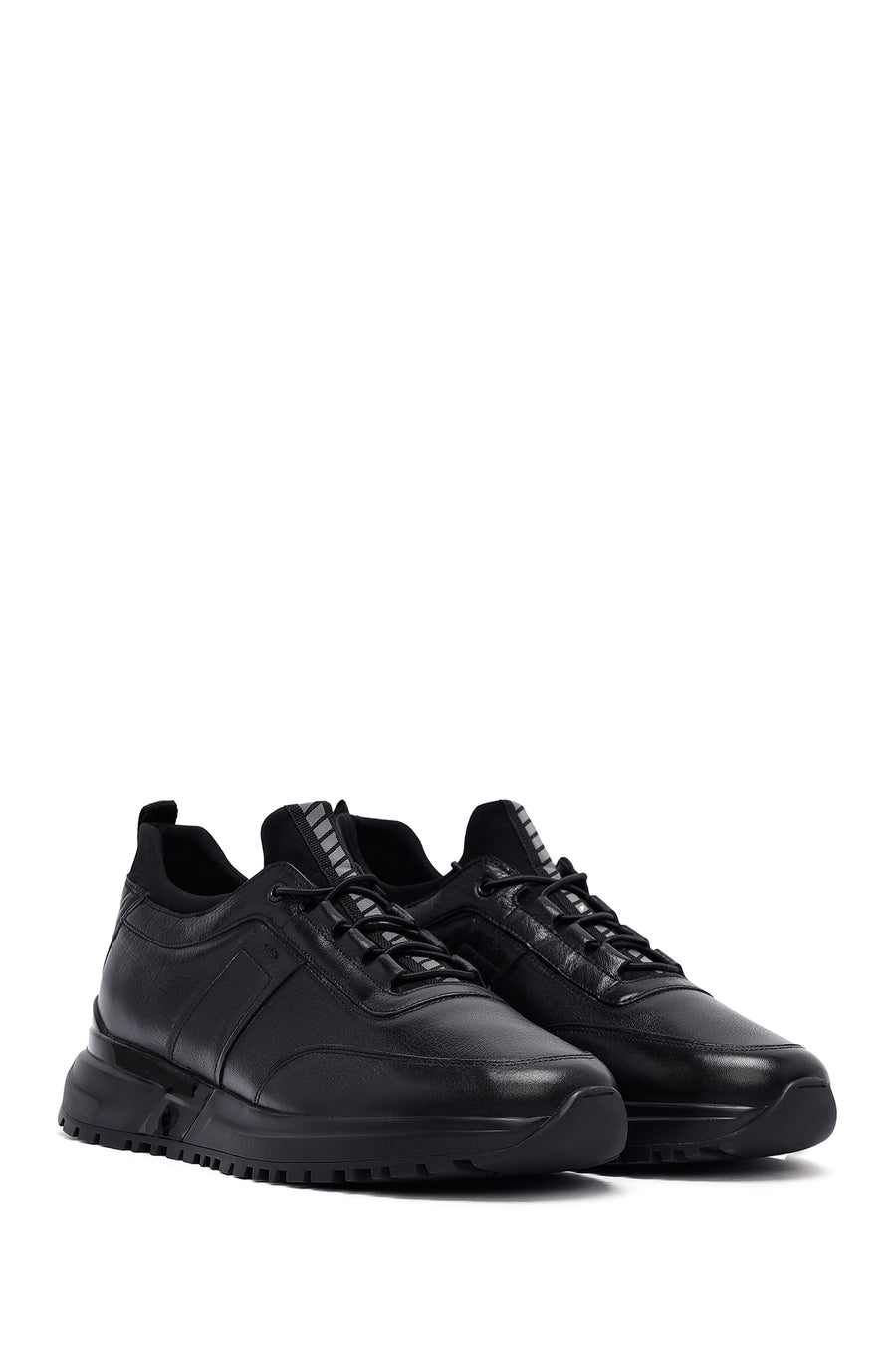 Men's Black Lace-Up Thick-Soled Leather Casual Sneakers